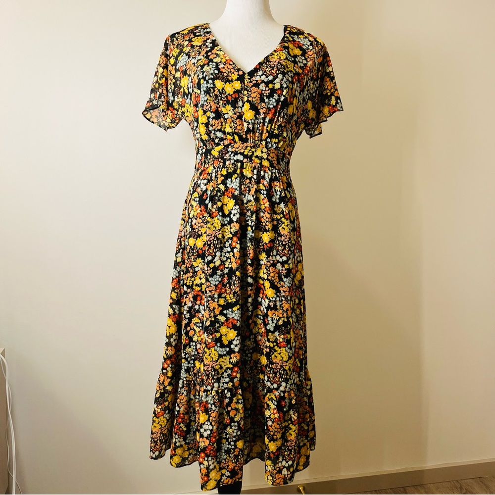 Madewell Midi Dress Womens Dolman Sleeve Ruffle Hem in Flower Garden Size 0 NWOT